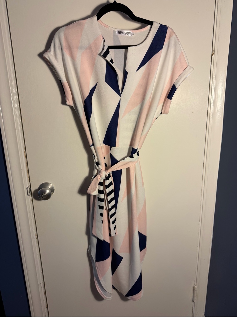 Pink & Navy Geometric Tie-Waist Midi Dress large
